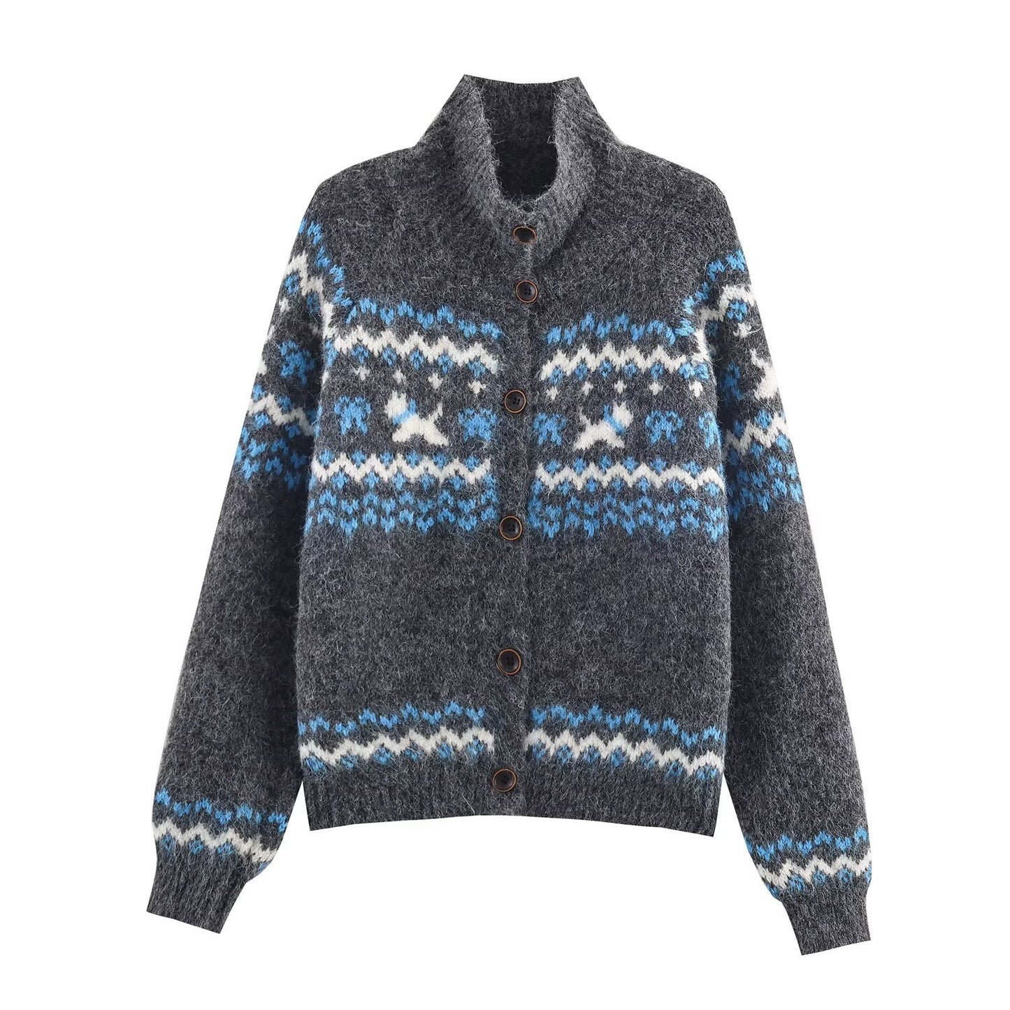 Damen Strickjacke mit traditionellem Muster und hochgeschlossenem Kragen Stalluxe