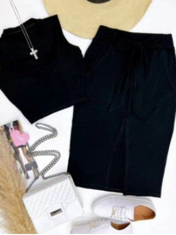 Damen Modisches Oberteil und Midirock Set mit Gürtel Stalluxe