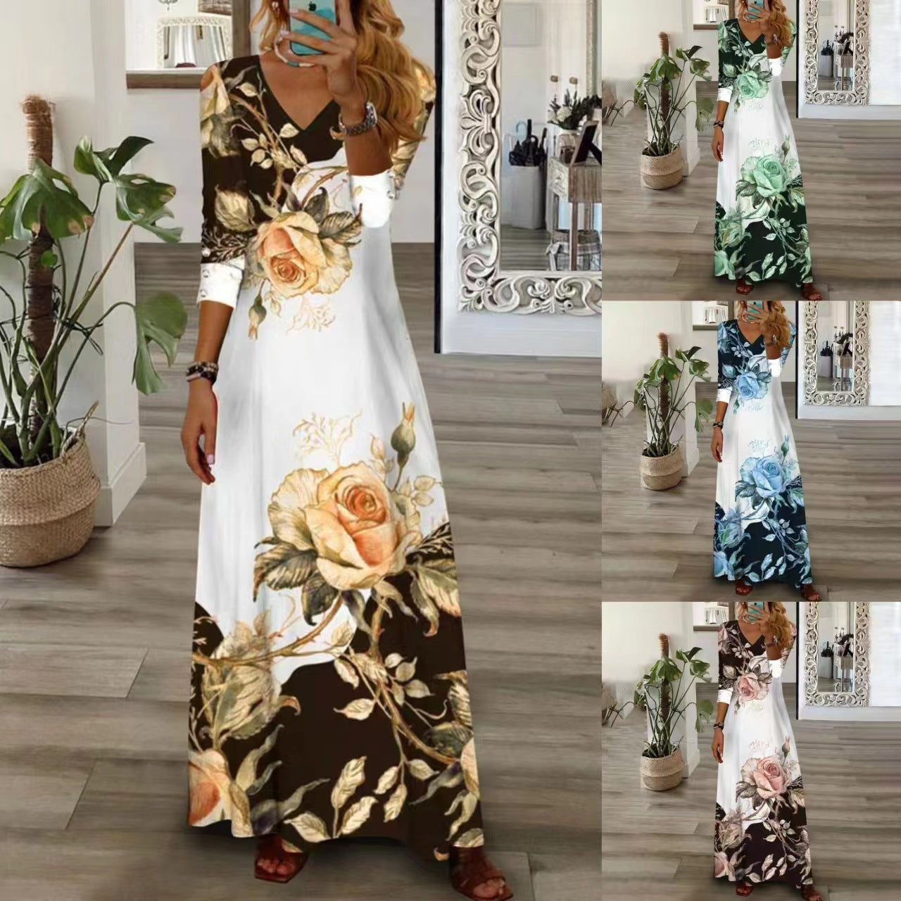 Damen Maxikleid mit floralem Design und V-Ausschnitt Stalluxe