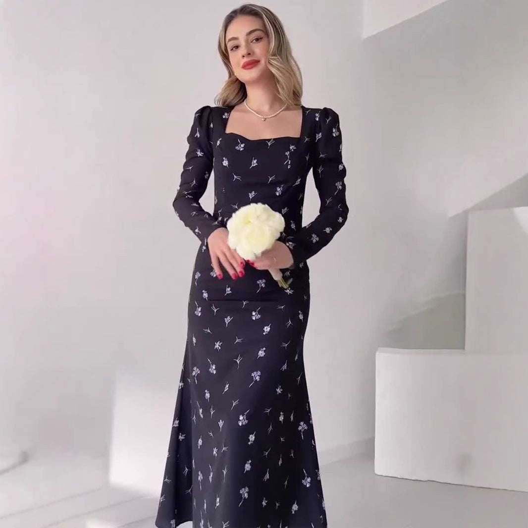 Damen Elegantes Blumen-Kleid mit langem Arm und Taillenschnitt Stalluxe