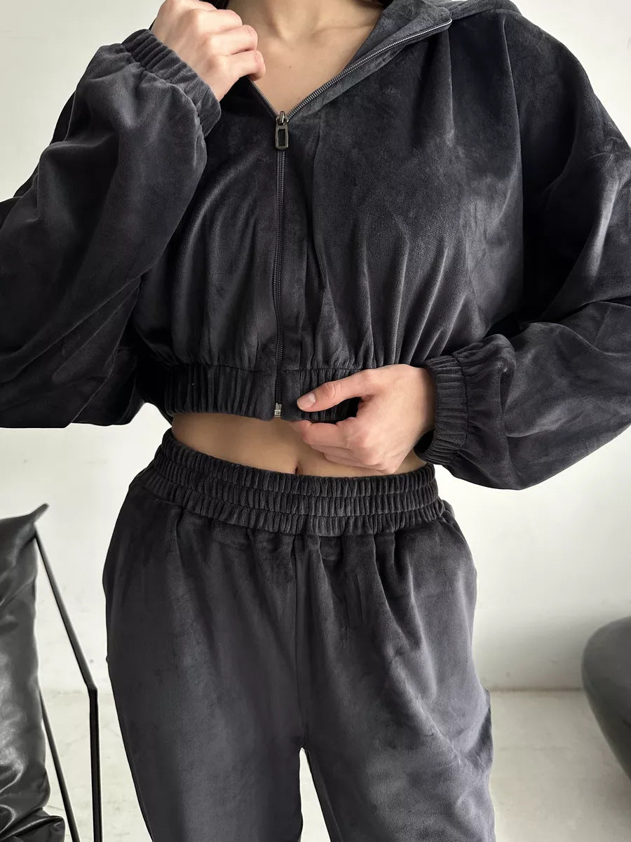 Damen sportliche Veloursjacke mit elastischen Bündchen und Reißverschluss Stalluxe