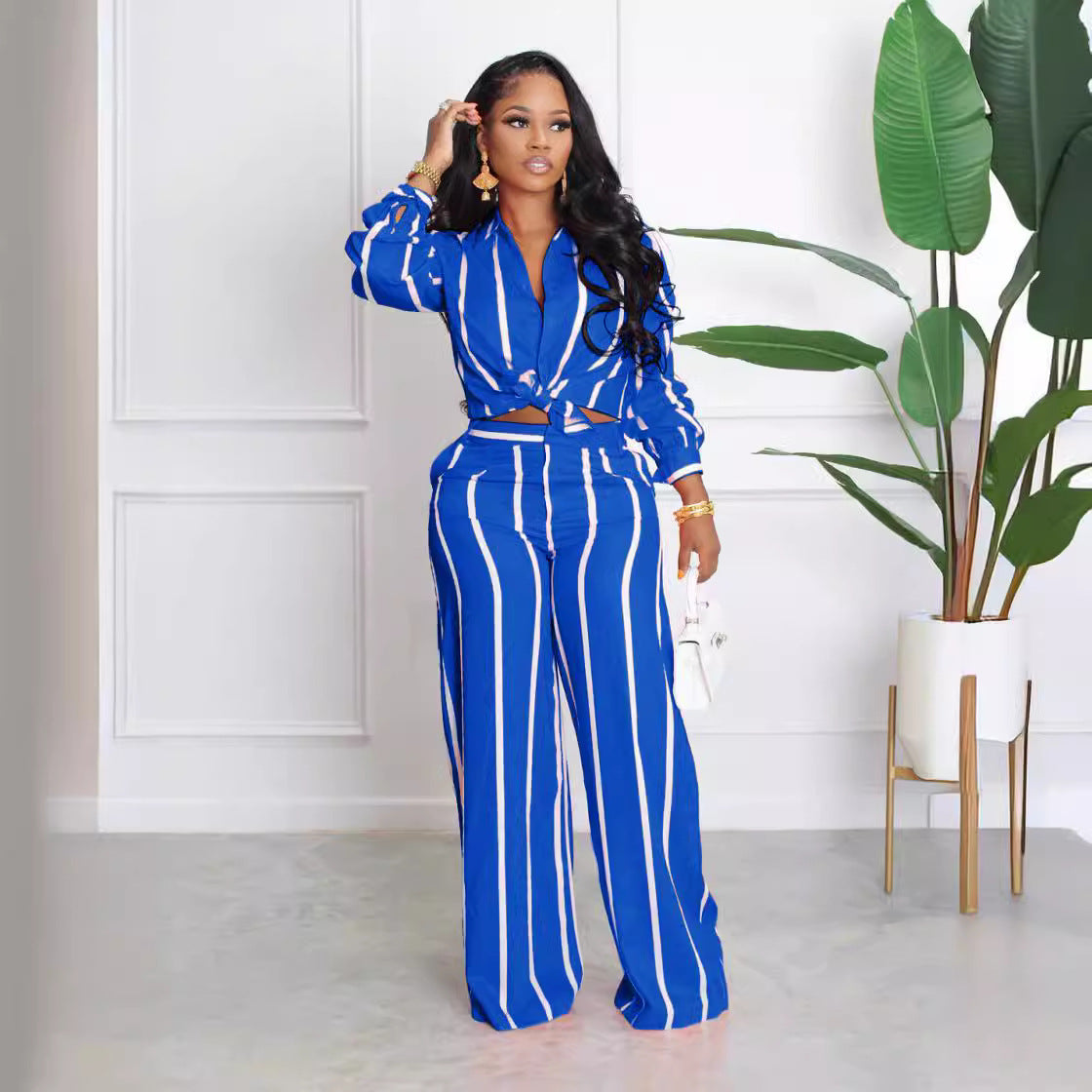 Damen Elegantes gestreiftes Set mit Bluse und Palazzo-Hose Stalluxe
