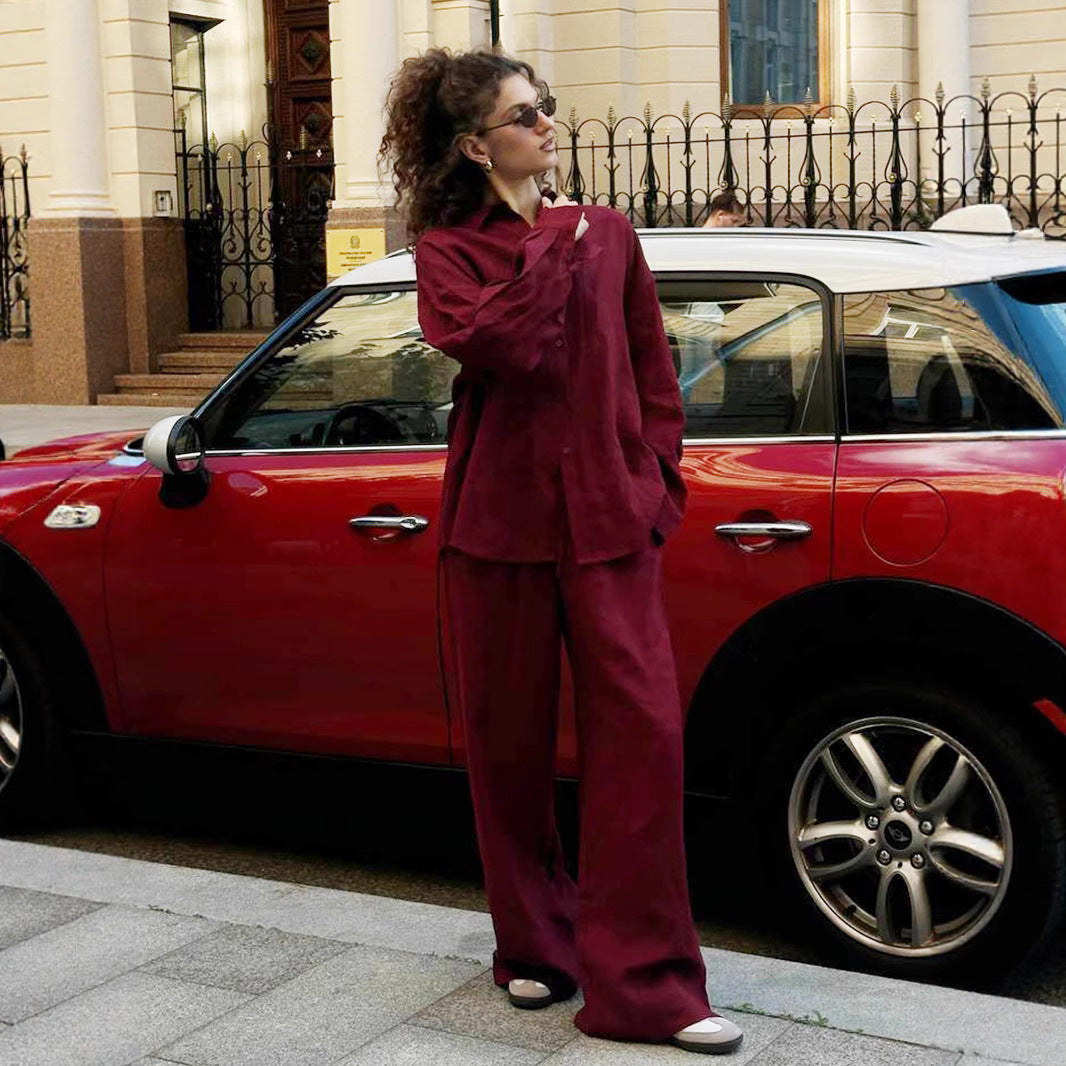 Damen lässiger Leinenanzug mit weiten Hosen und oversize Hemd Stalluxe
