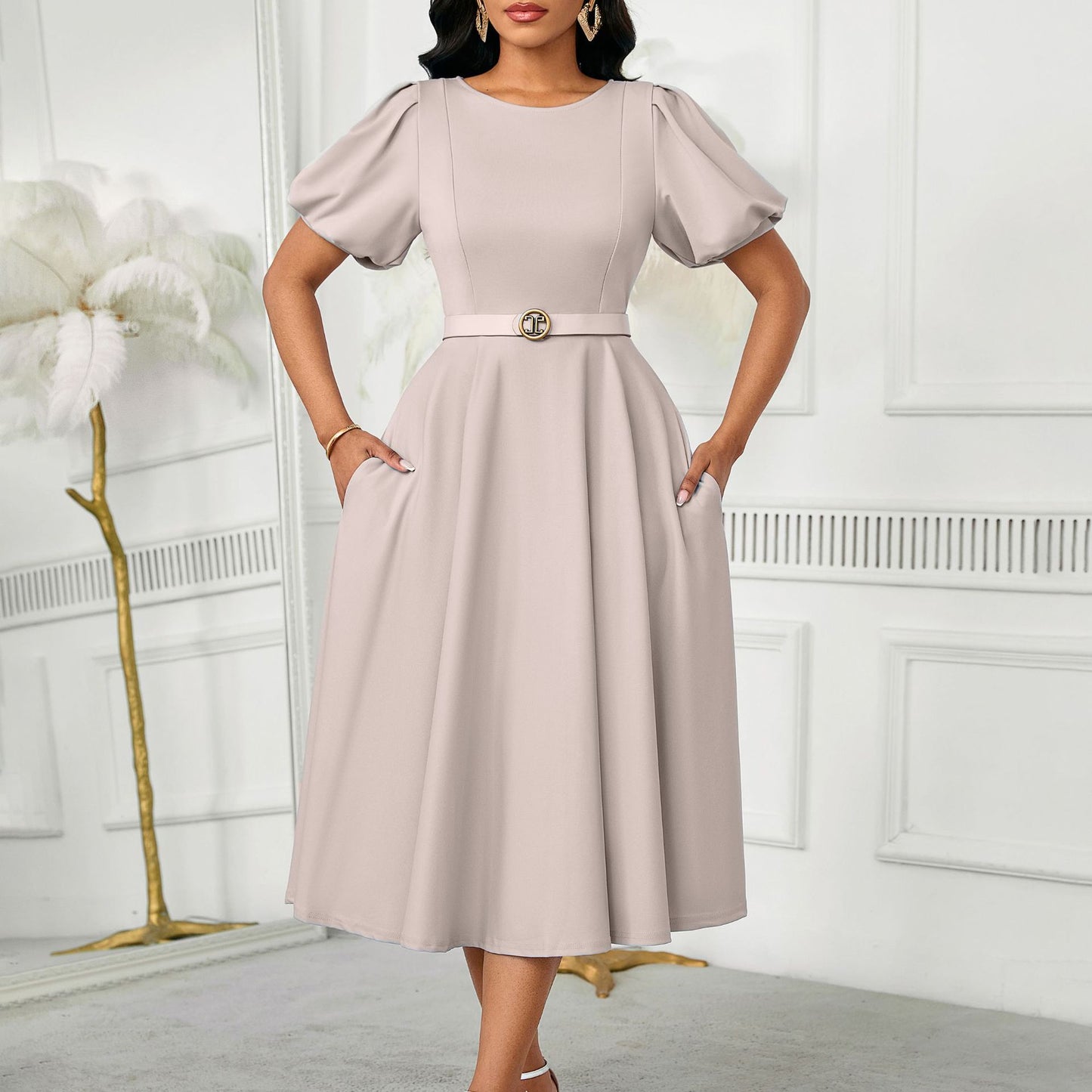 Damen Midi-Kleid mit voluminösen Puffärmeln, elegantem Taillengürtel und schwingendem Rock Stalluxe