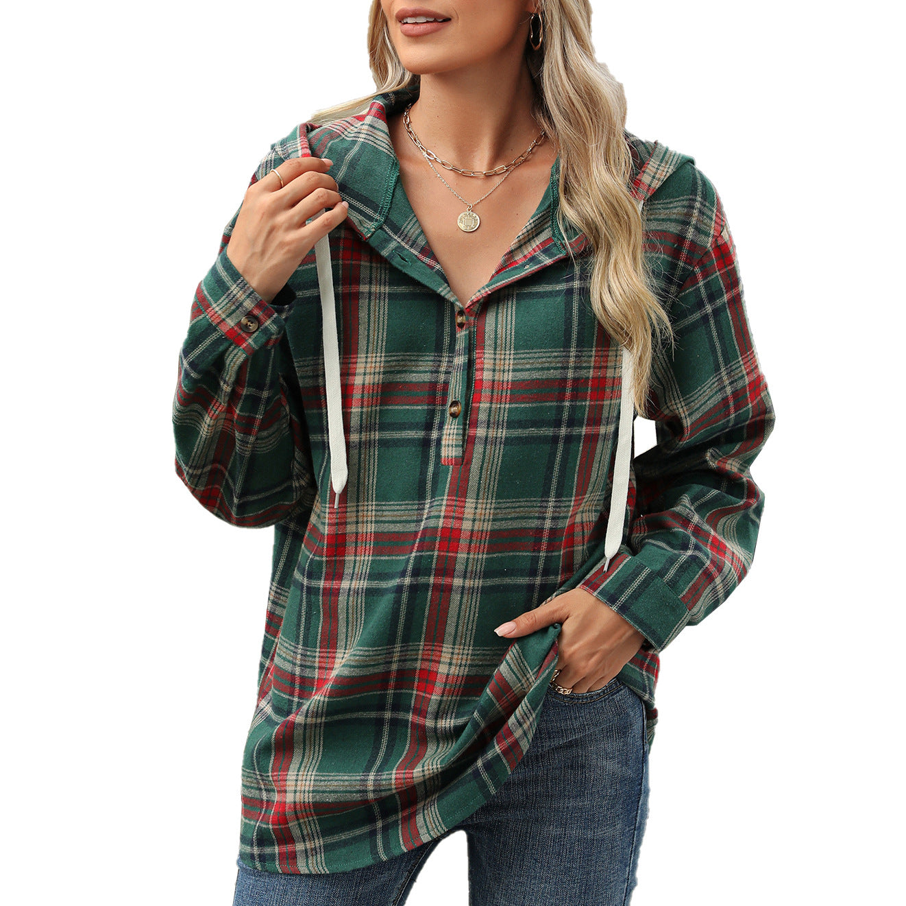 Damen Karierte Overshirtjacke mit Kapuze und Knopfdetails Stalluxe