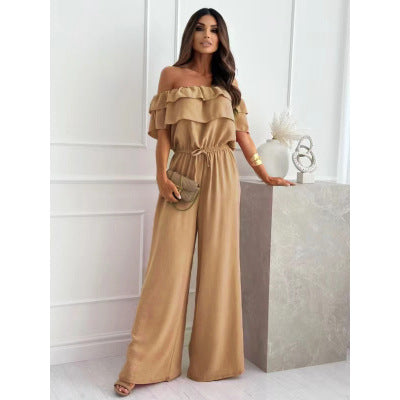 Damen Eleganter Off-Shoulder Jumpsuit mit weitem Bein und Rüschendetails Stalluxe