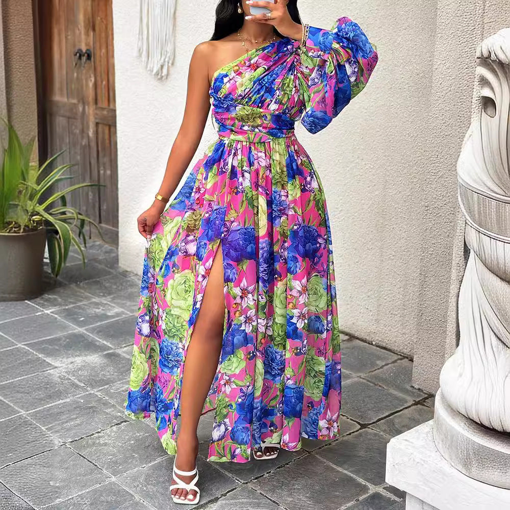 Damen Exquisites One-Shoulder Maxikleid mit floralem Design und Schlitz Stalluxe