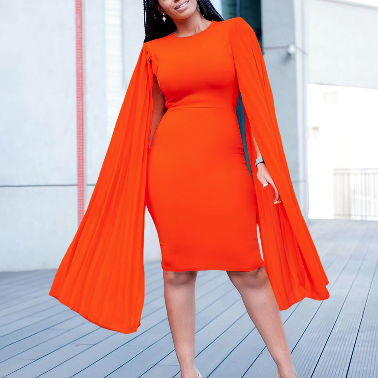 Damen elegantes Kleid mit plissierten Ärmeln und figurbetonter Silhouette Stalluxe