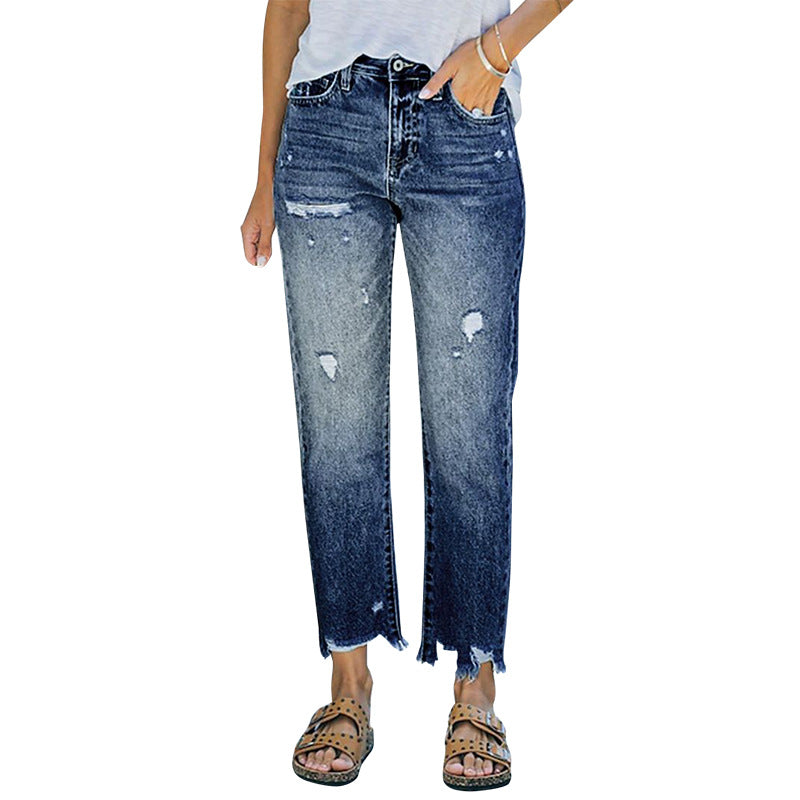 Damen Mom-Jeans mit hohem Bund und ausgefranstem Saum Stalluxe