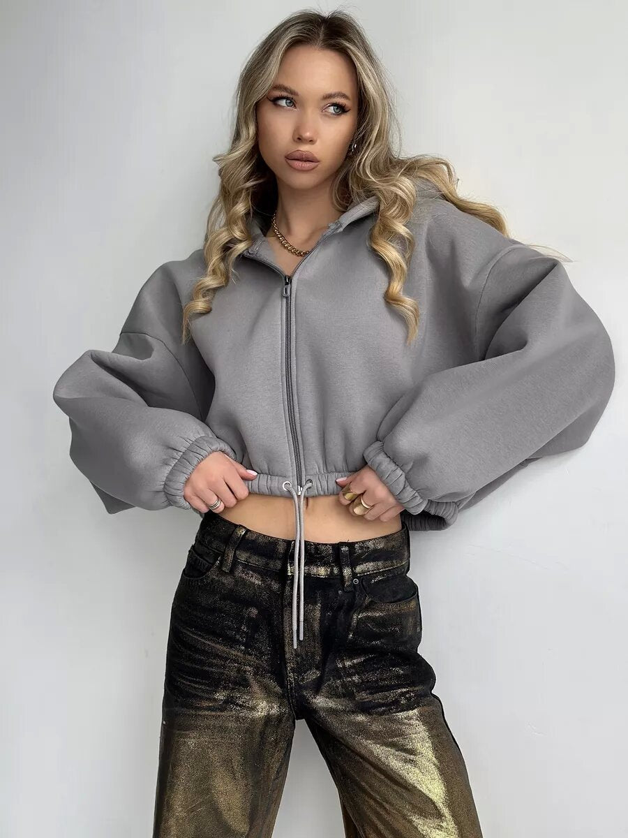 Damen cropped Fleece-Hoodie mit Kordelzug und weiten Ärmeln Stalluxe