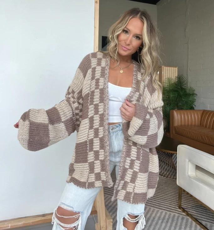 Damen Übergroße Karomuster-Strickjacke mit Taschen Stalluxe