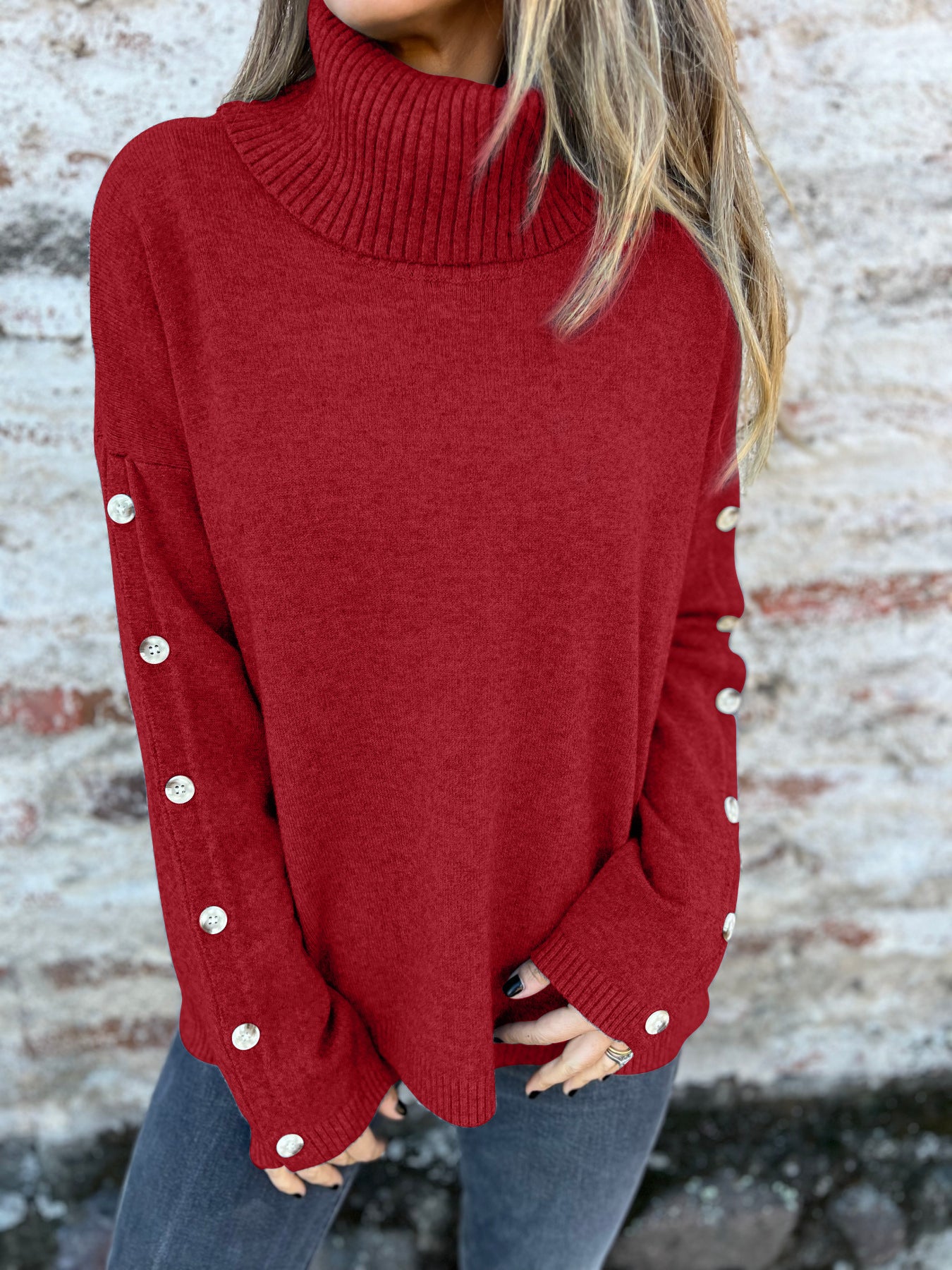 Damen Hoher Kragen Strickpullover mit Knopfdetails Stalluxe