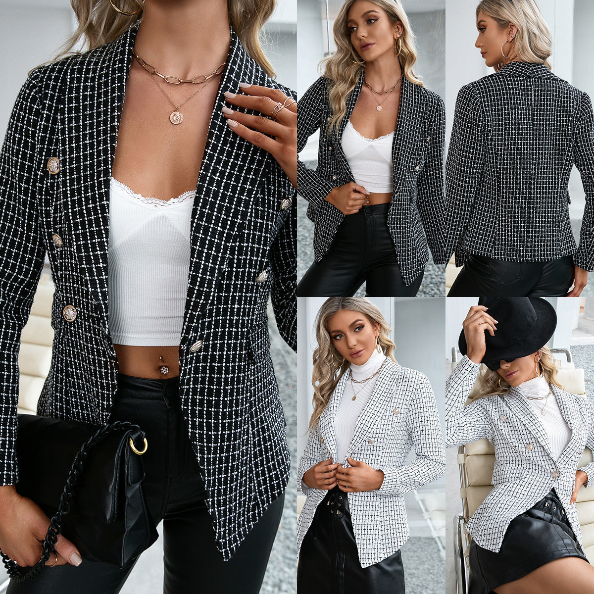Damen strukturierte Blazerjacke im eleganten Karomuster Stalluxe