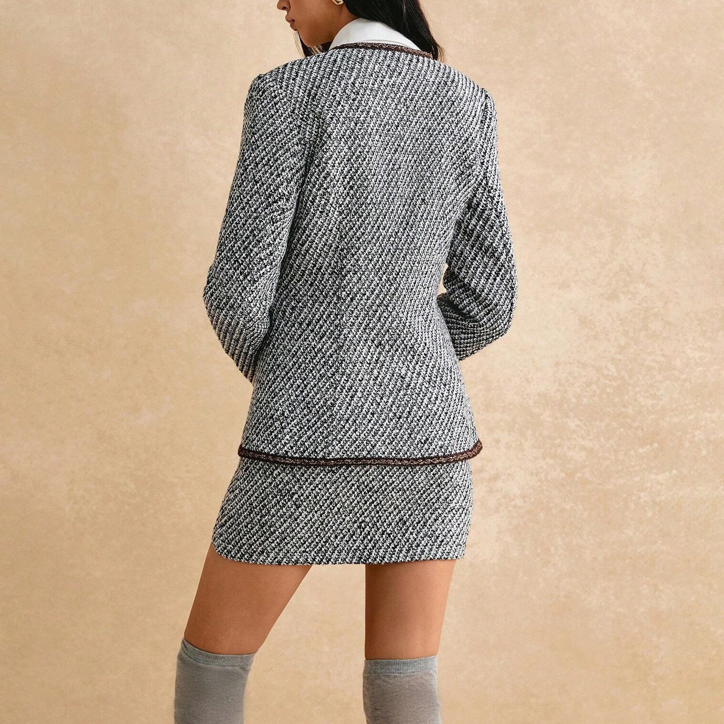Damen Tweed-Blazer-Rock-Set mit stylischem Kragen und eleganten Details Stalluxe