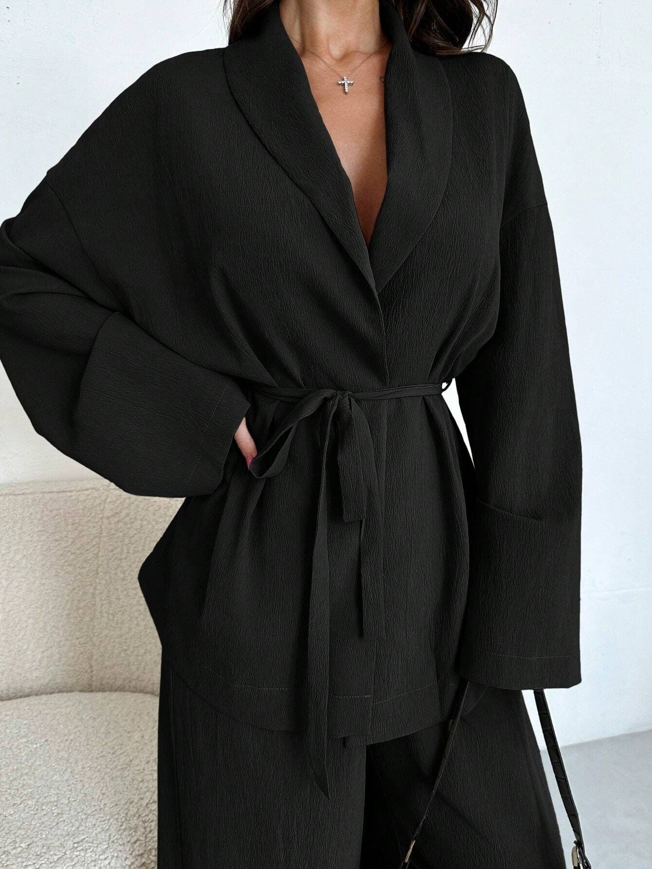 Damen lässige Oversized Blazerjacke mit Gürtel Stalluxe