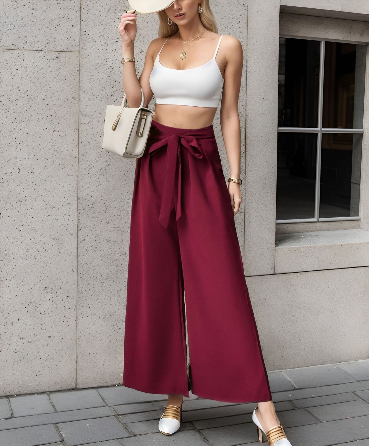 Damen Weite High-Waist-Hosen mit Bindegürtel Stalluxe