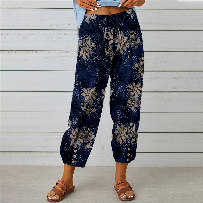 Damen lässige Pant mit floralem Druck und praktischen Knöpfen Stalluxe