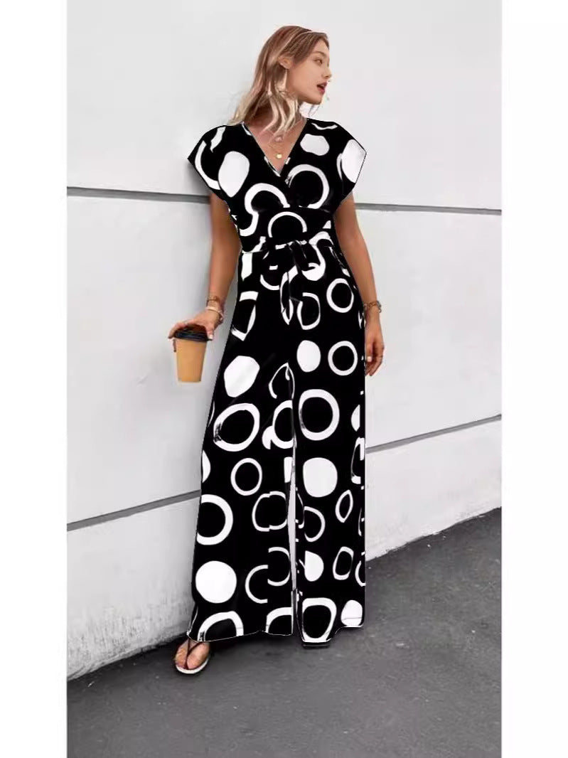 Damen Modischer Wide-Leg Jumpsuit mit Bindegürtel und grafischem Muster Stalluxe
