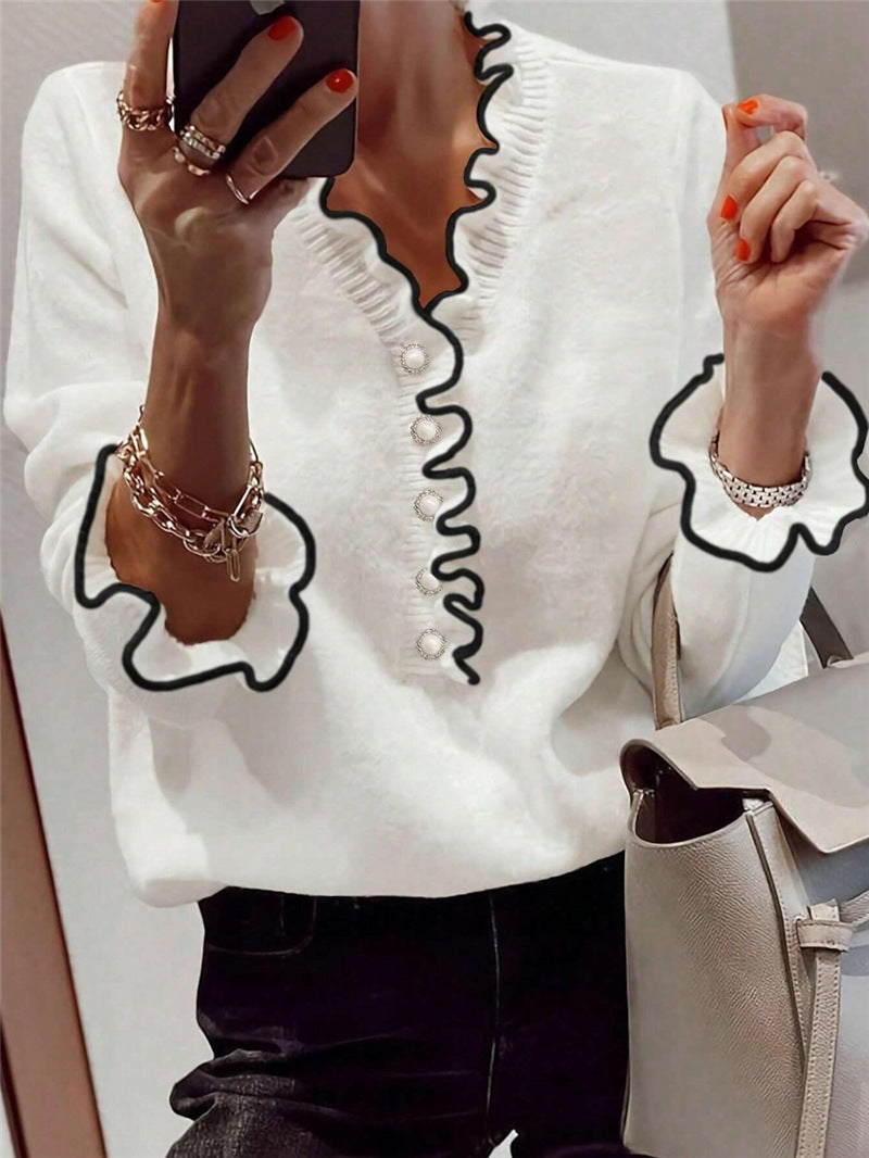 Damen Elegantes Sweatshirt mit Rüschendetails und Perlenknöpfen Stalluxe