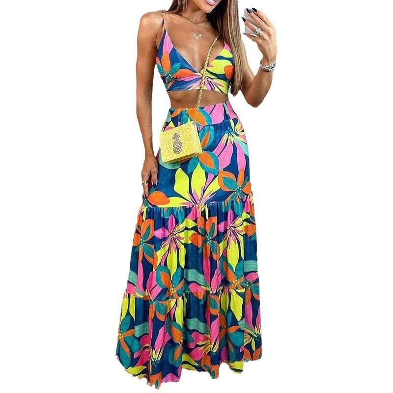 Damen Maxi-Rock mit kurzem Oberteil und buntem Blumenmuster Stalluxe