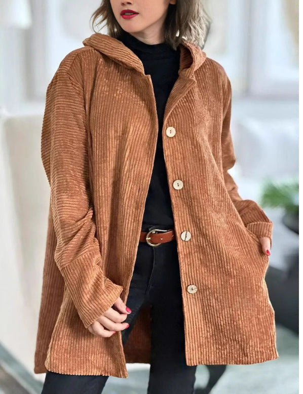 Damen Lässige cordjacke mit Kapuze und großen Knöpfen Stalluxe