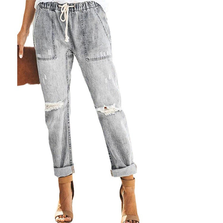 Damen entspannte Jeans mit verstellbarem Bund und modischen Rissen Stalluxe