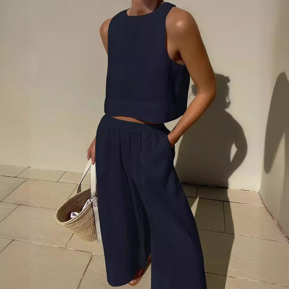 Damen luftiges und modernes Leinen-Set mit Cropped Top und weitem Hose Stalluxe