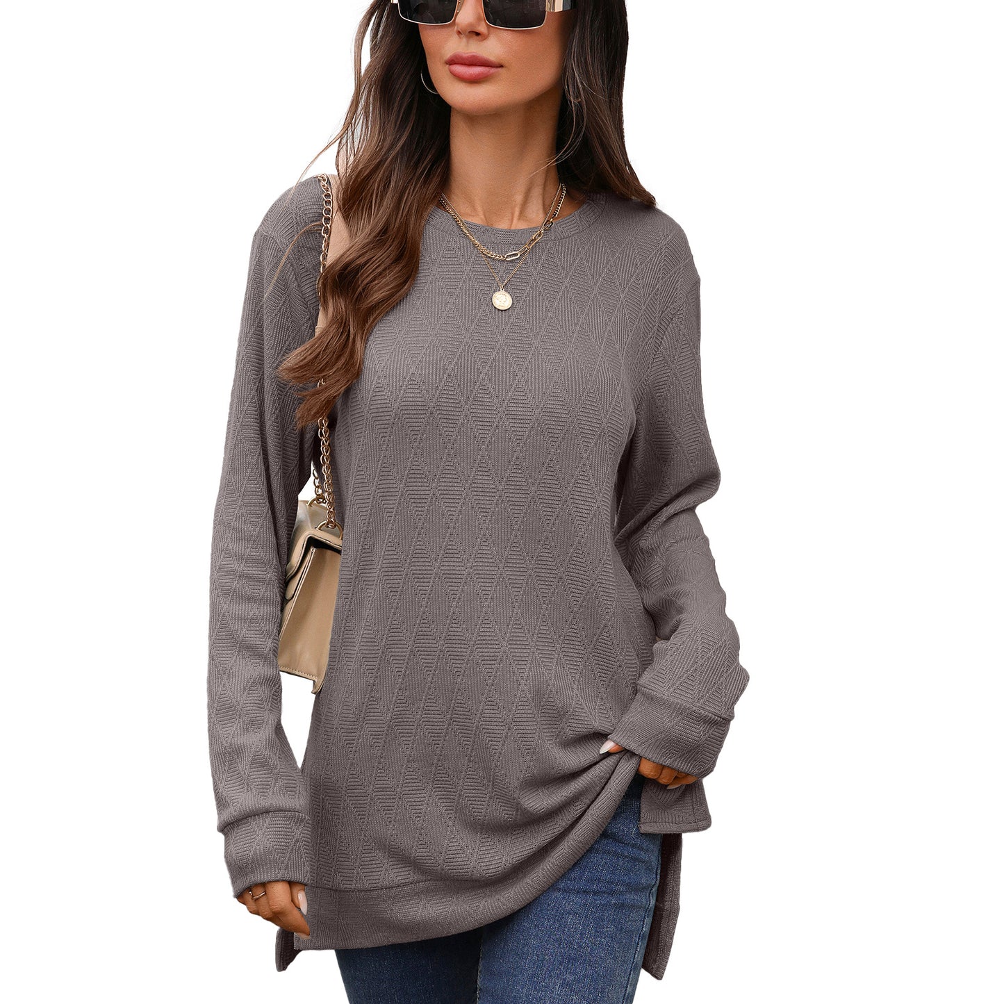Damen Langarmshirt mit strukturiertem Muster und seitlichen Schlitzen Stalluxe