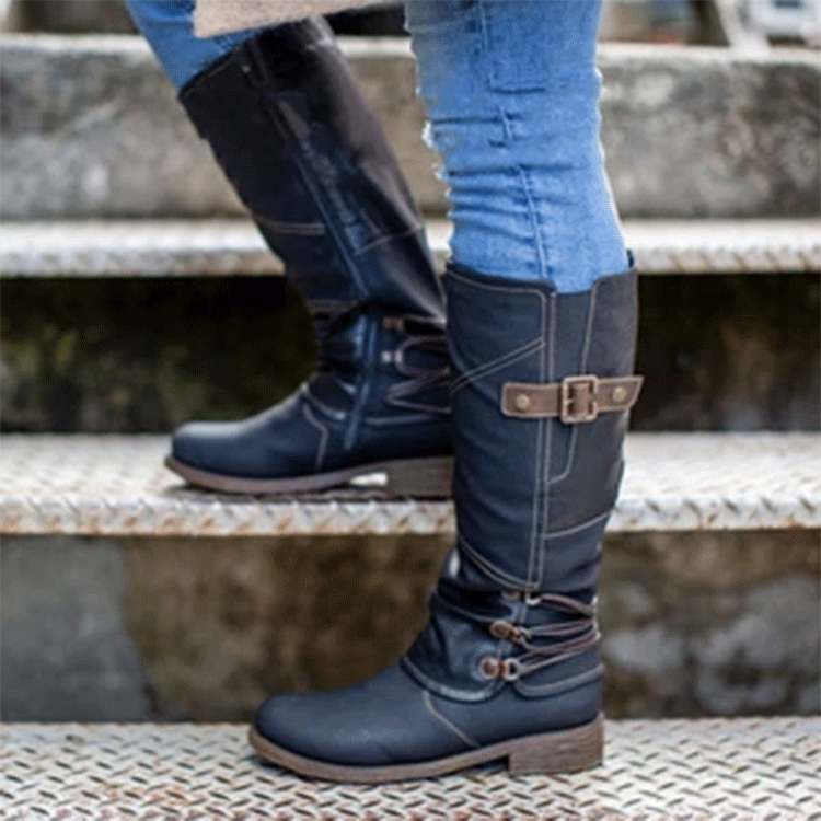 Damen hohe Lederstiefel mit dekorativen Schnallen und elastischen Riemen Stalluxe