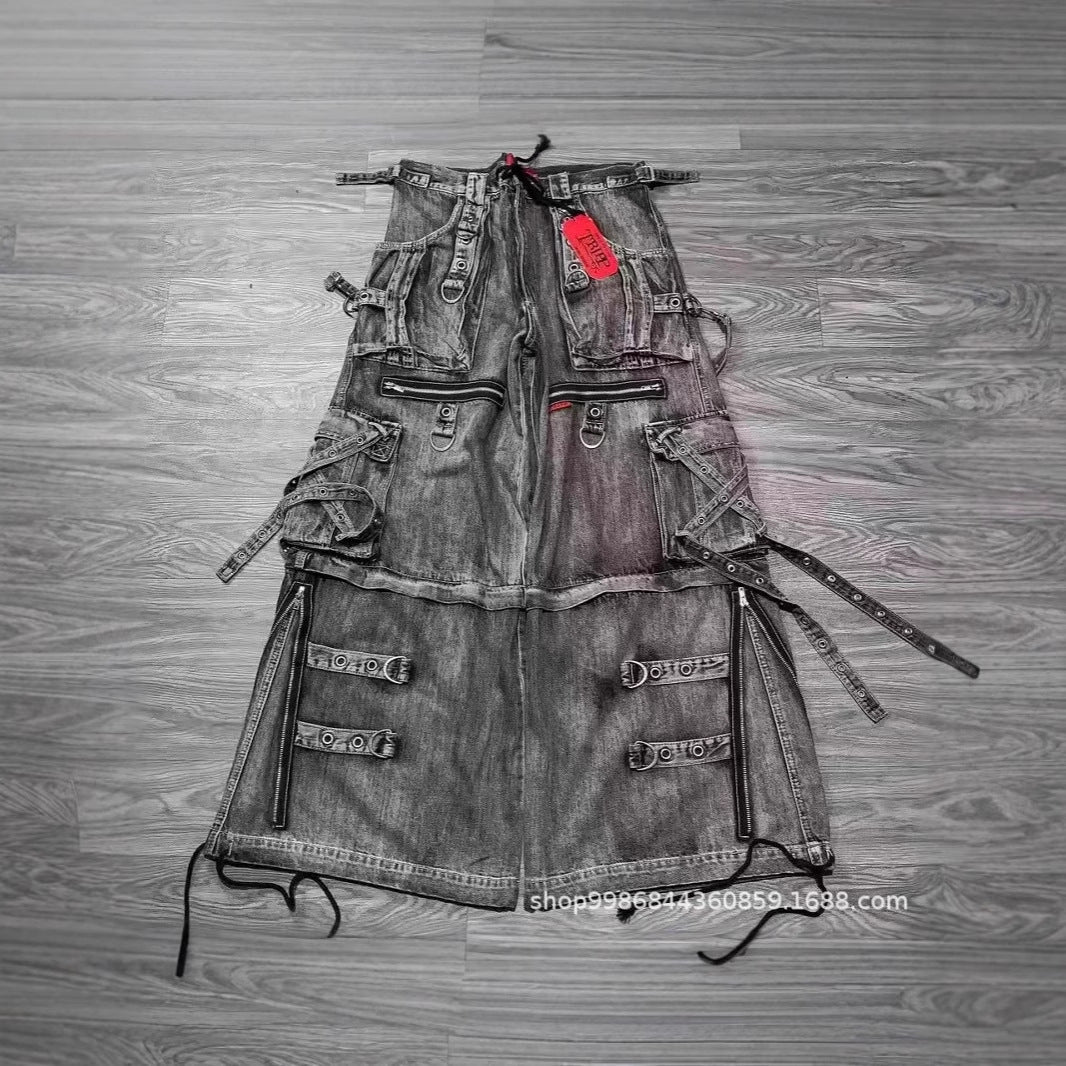 Damen auffällige Denim Latzhose mit abnehmbaren Trägern und vielen Taschen Stalluxe