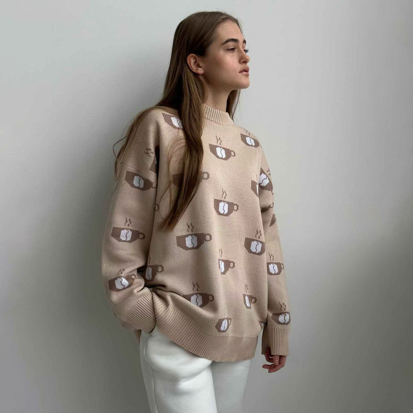 Damen Gemusterter Strickpullover mit Kaffeetassen-Motiv und angenehmem Sitz Stalluxe