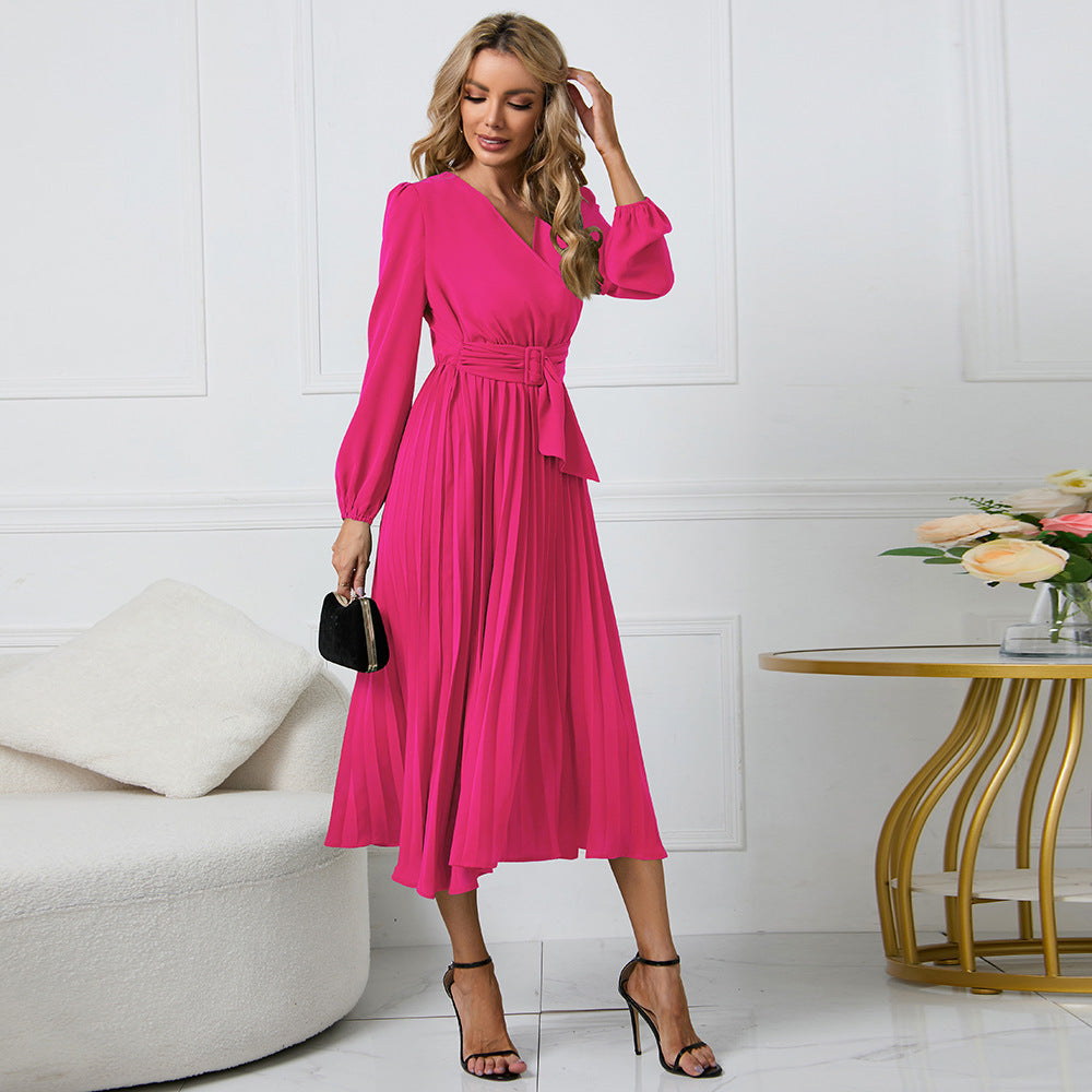 Damen Plissiertes Wickelkleid mit elegantem V-Ausschnitt und Taillengürtel Stalluxe