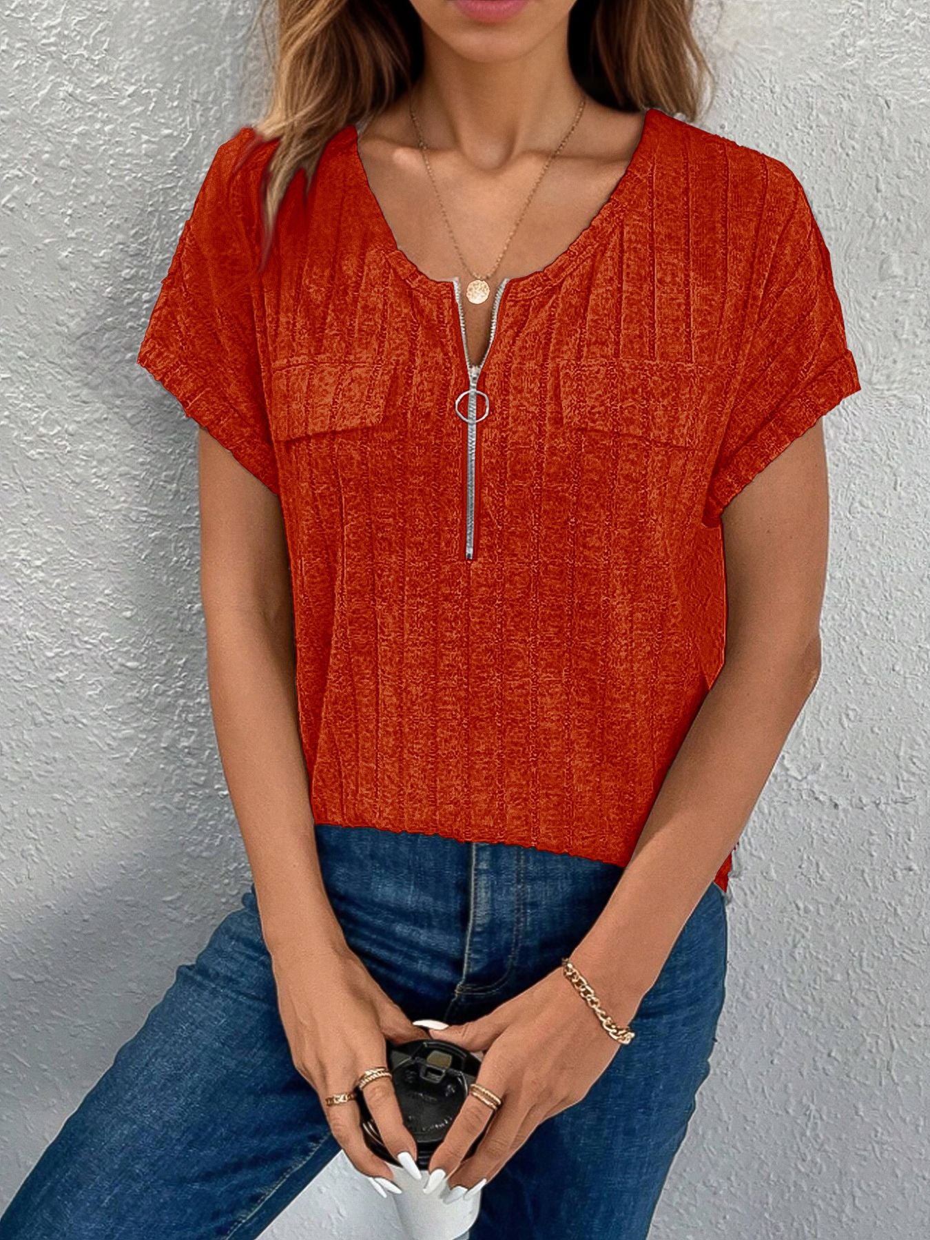 Women's Ribbed Pocket Zip-Up Top Stalluxe