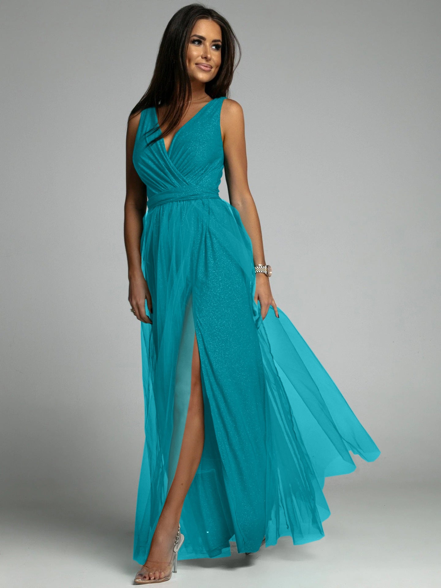 Damen Maxikleid mit V-Ausschnitt und elegantem Faltenwurf Stalluxe