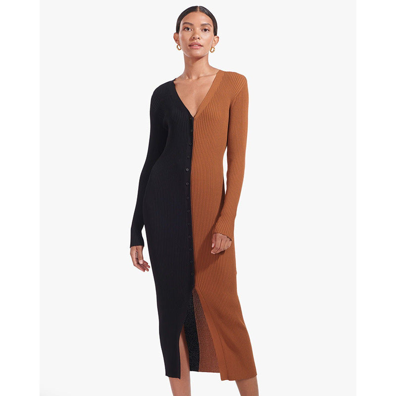 Damen Knopf-Design Maxikleid mit tiefem V-Ausschnitt und Rippstruktur Stalluxe