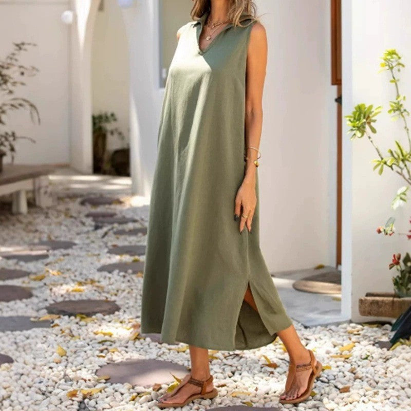 Damen lässiges Maxikleid mit seitlichen Schlitzen und Kragen Stalluxe