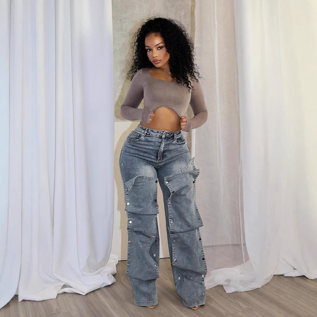 Damen Oversize Cargo-Jeans mit praktischem Knopfverschluss Stalluxe