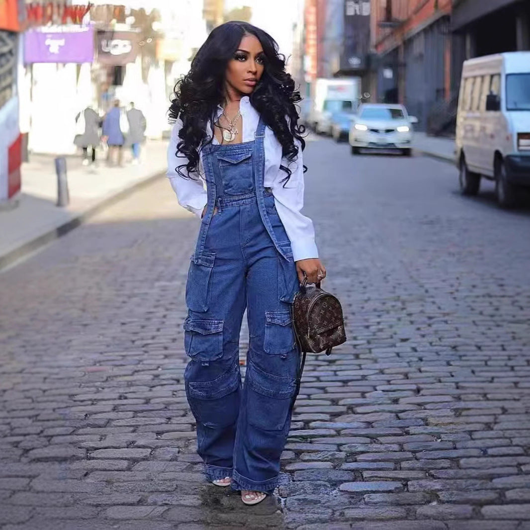 Damen modischer Jeans-Overall mit praktischen Taschen und verstellbaren Trägern Stalluxe