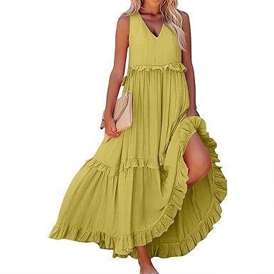 Damen Maxi-Kleid mit V-Ausschnitt und voluminösem Saum Stalluxe