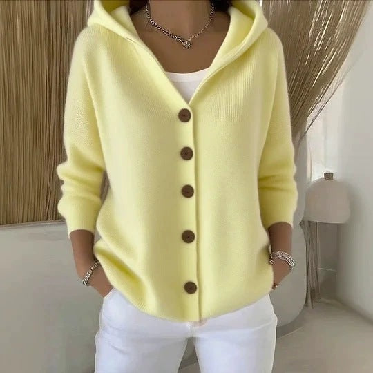 Damen lässige Strickjacke mit Kapuze und Knopfverschluss Stalluxe