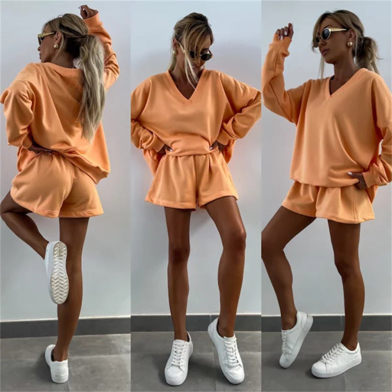Damen lässiges V-Ausschnitt Sweatshirt und kurze Sporthosen Set Stalluxe