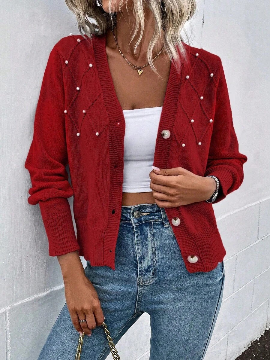 Damen Strickjacke mit Perlenverzierung und V-Ausschnitt Stalluxe