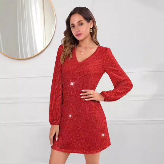 Damen Glitzerndes Minikleid mit V-Ausschnitt und langen Ärmeln Stalluxe