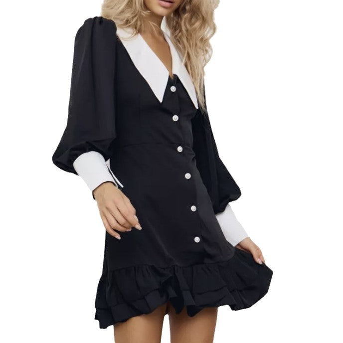 Damen Kleid mit Kontrastkragen und Rüschendetails Stalluxe