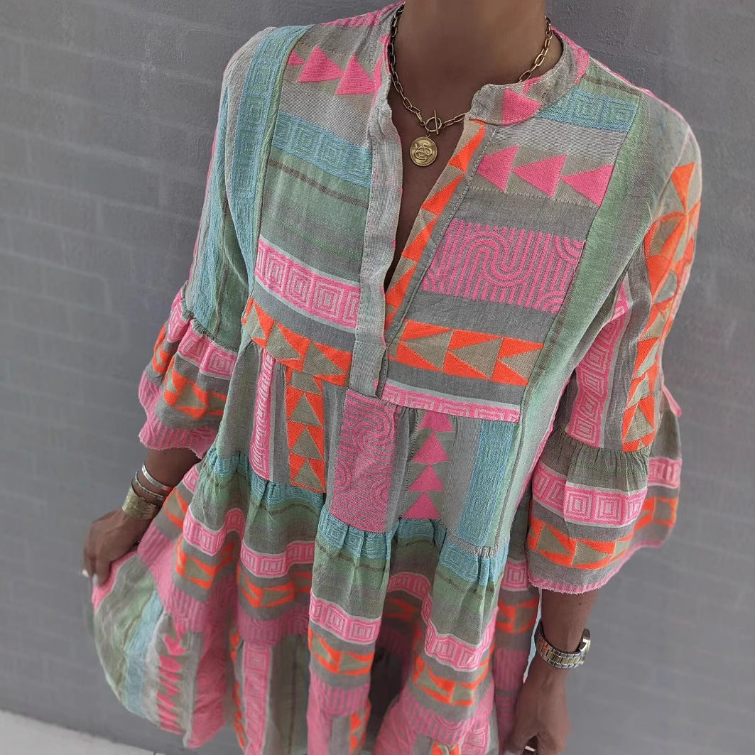 Damen luftiges Boho-Kleid mit eingewebten Mustern und kurzen Ärmeln Stalluxe