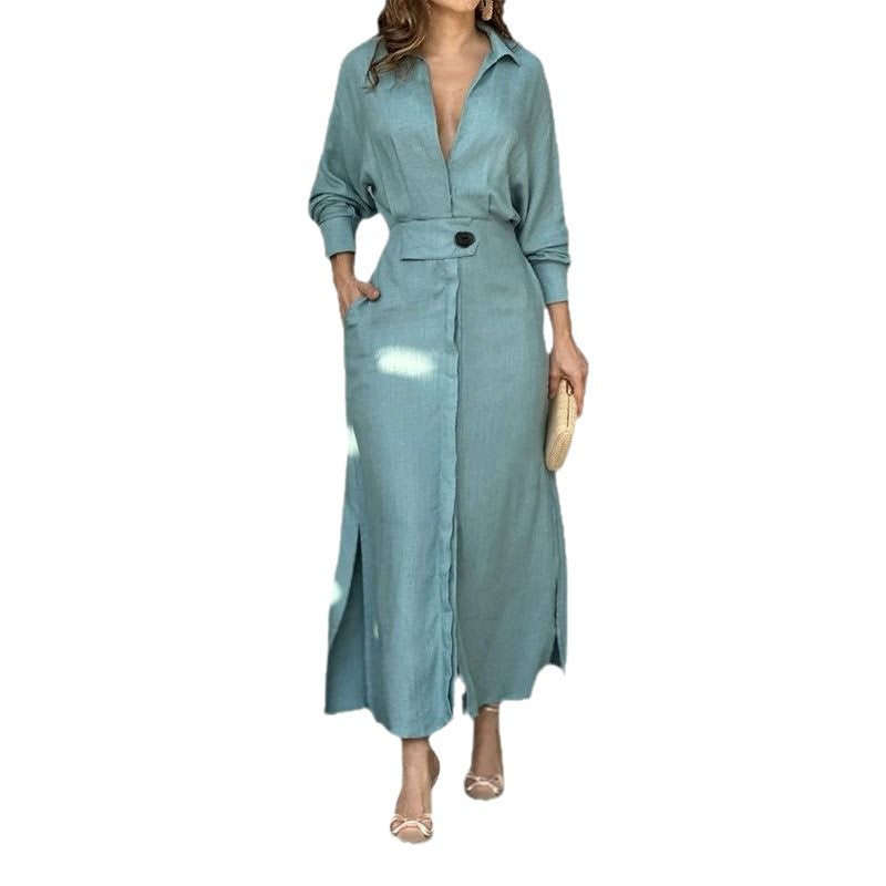 Damen stilvolles Maxikleid mit Hemdkragen und seitlichen Schlitzdetails Stalluxe