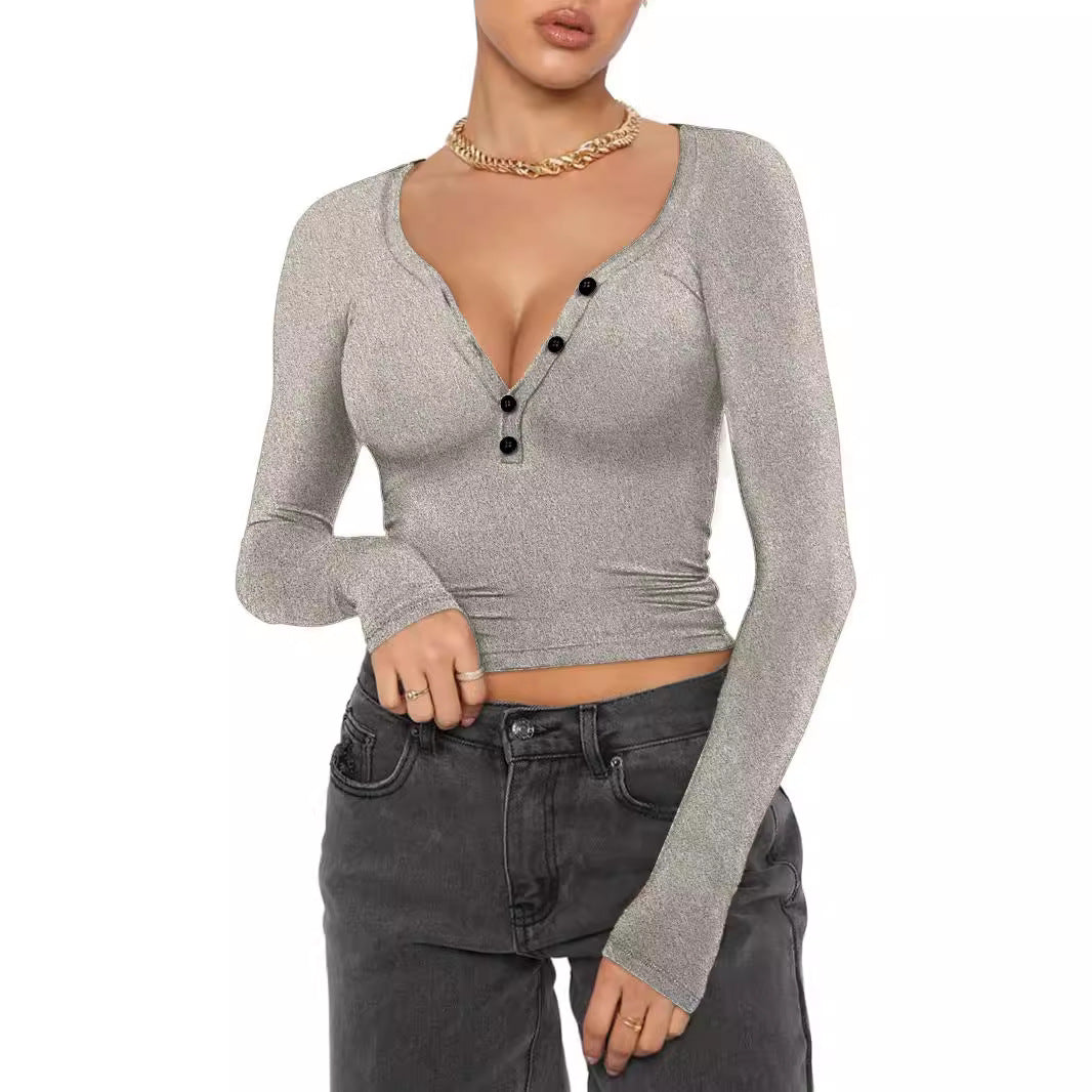 Damen Langarmshirt mit V-Ausschnitt und Knopfdetails Stalluxe