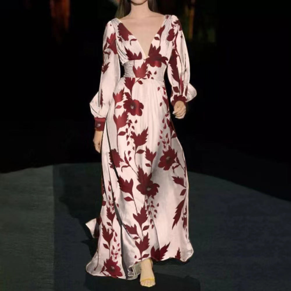 Damen Maxi-Kleid mit tiefem V-Ausschnitt und voluminösen Ärmeln Stalluxe