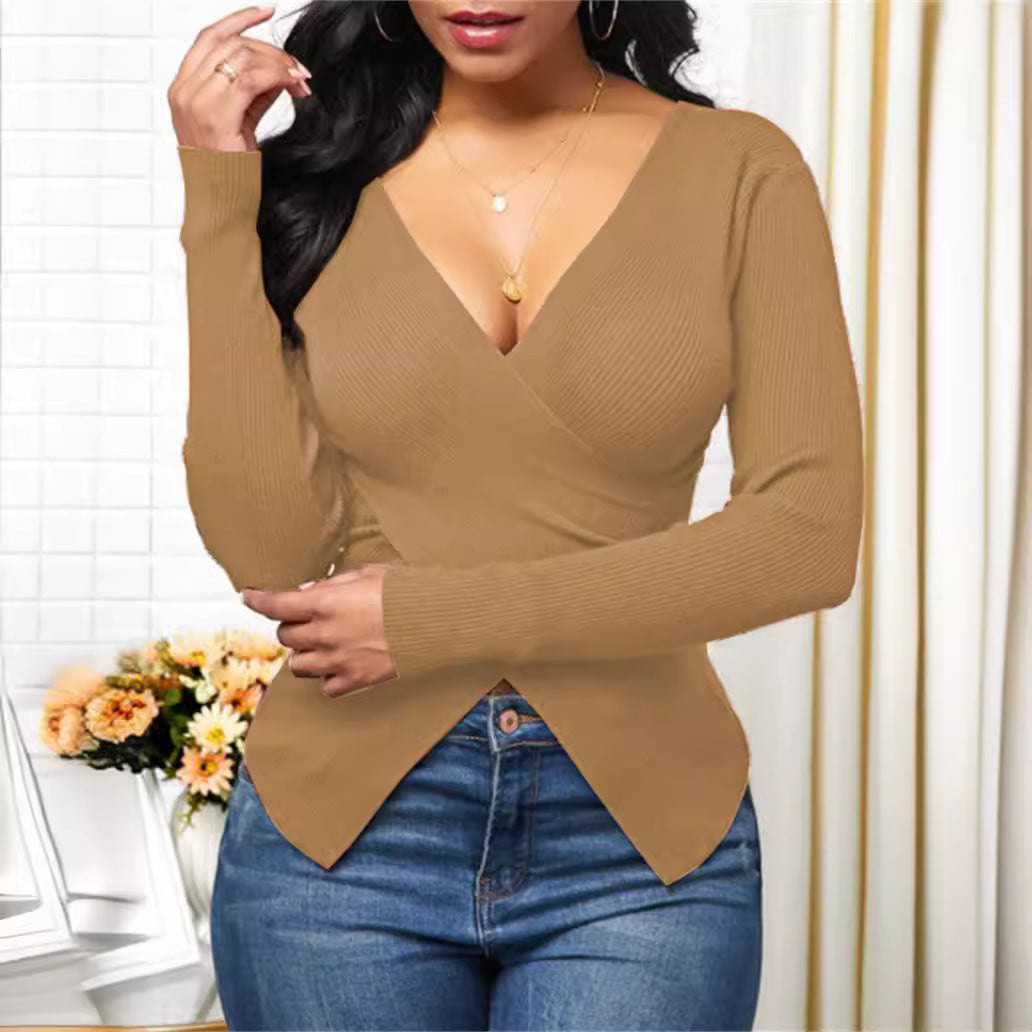Damen elegantes Wickeloberteil mit strukturiertem Rippstoff und tiefem V-Ausschnitt Stalluxe