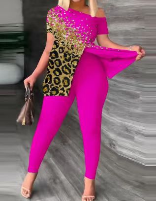 Damen Einseitig Off-Shoulder Jumpsuit mit Animal-Print und funkelnden Akzenten Stalluxe
